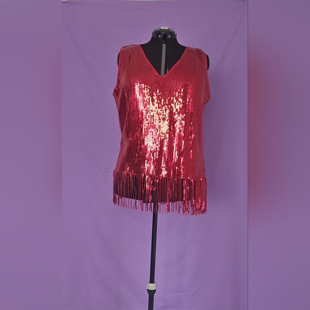 New York & Company Red Sequin Fringe Blouse